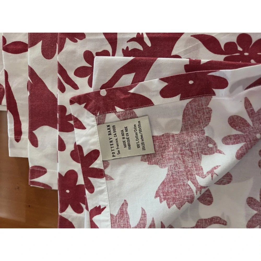 Potterybarn Folk Art Farm Animal Napkin (7) White Red Donkey Bird Cow Holiday